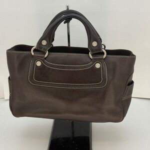 Celine Boogie Bag Dark Brown Pebbled Leather Contrast Stitch Satchel Tote